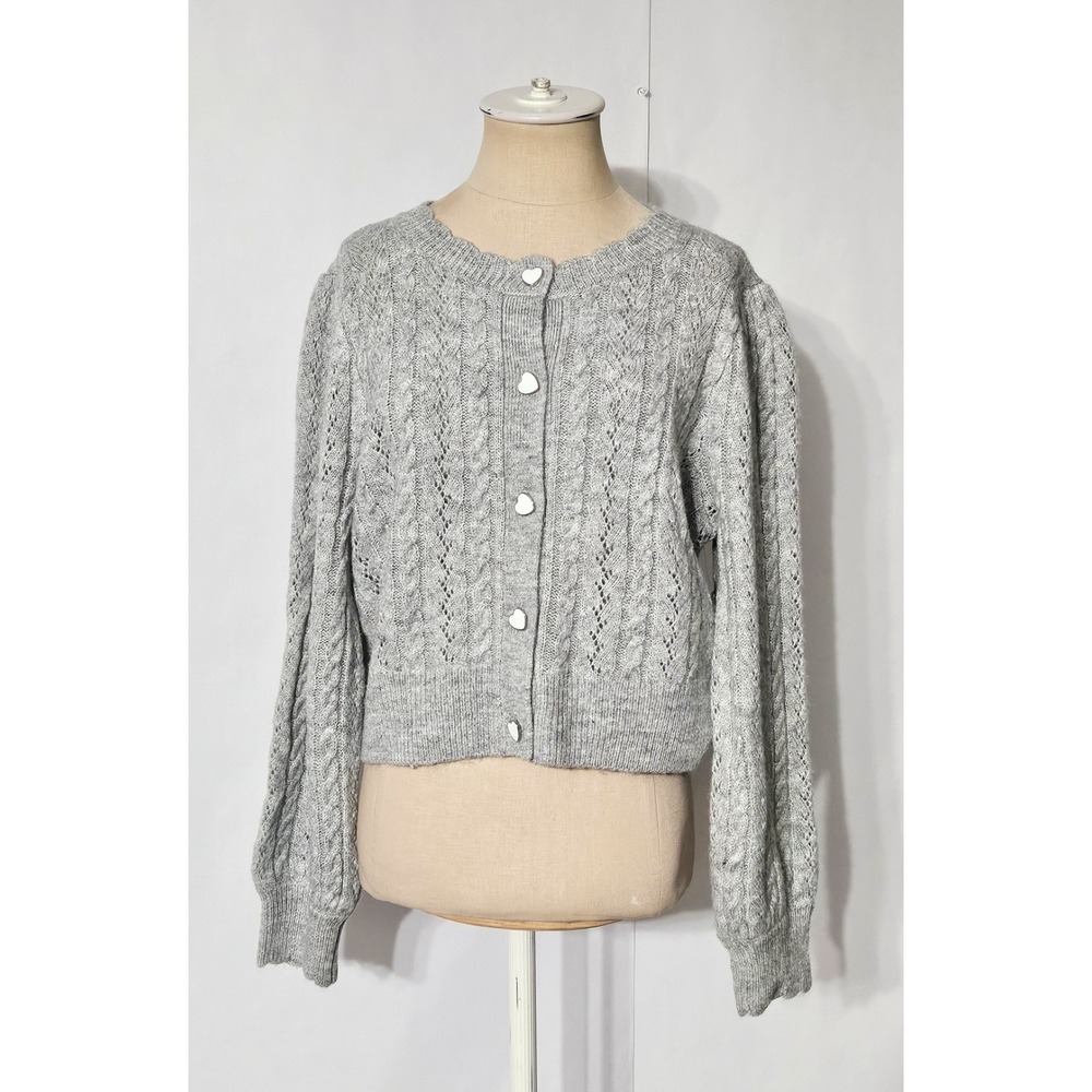 CeCe Women's Grey Pointelle Knit  Cardigan Sweater Heart Buttons Large